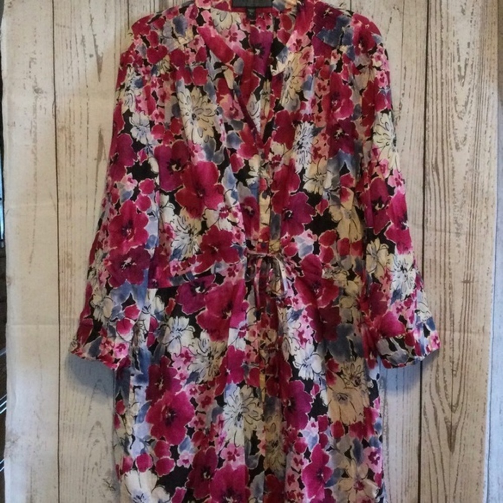 Nine West Red & Black Floral Long-Sleeve BOHO Top Gathered Waist Chic Size XL